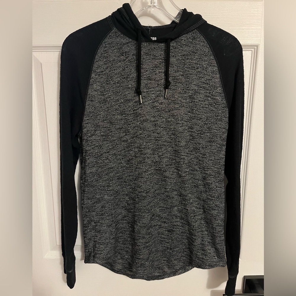 Express Men’s XS Charcoal and Black Knit Long Sleeve Hooded Shirt